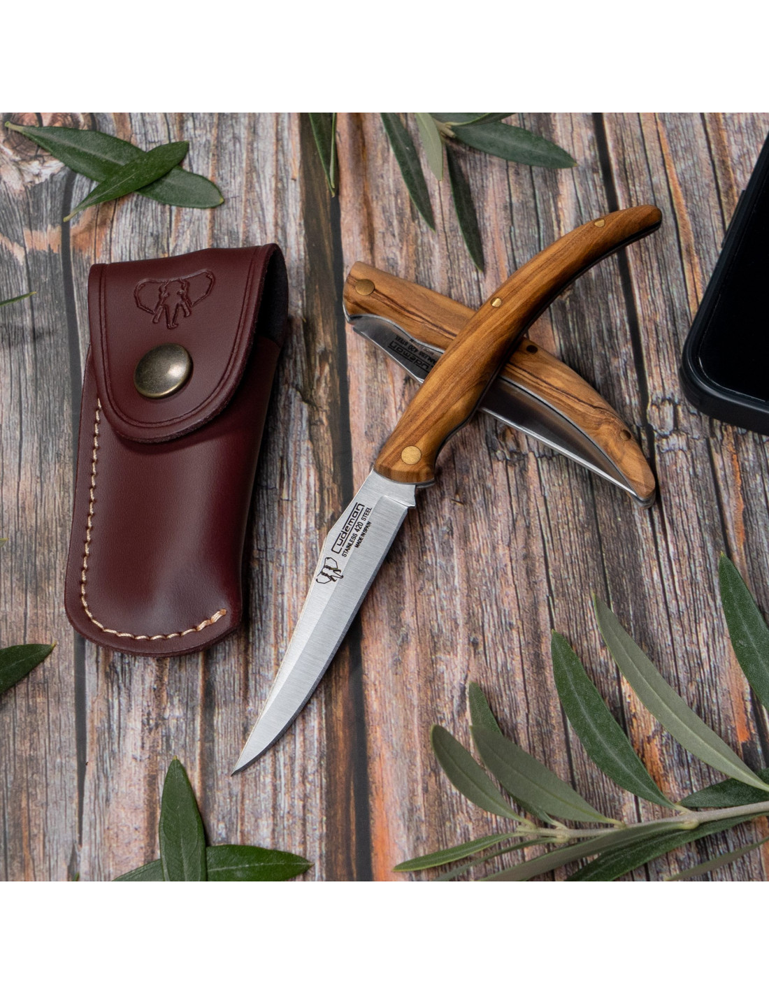  Cudeman 385-L - Navaja de bolsillo de caza con mango de oliva,  con gancho, para uso deportivo, hoja de 3.5 pulgadas, herramienta de  camping para pesca, caza, actividad deportiva : Deportes