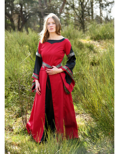 Middeleeuwse jurk van edel model Bliaut, rood-zwart