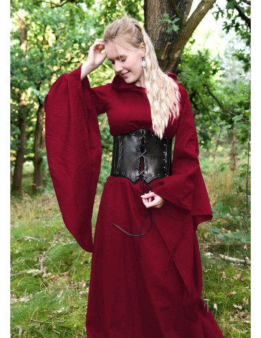 Langes mittelalterliches Kleid mit Trompetenärmeln, rote Farbe