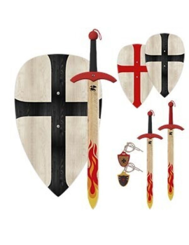 Set escudo Cruz con espada en llamas y tahalí, para niños