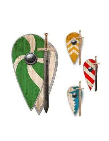 Set escudo normando relieve con espada rústica, para niños
