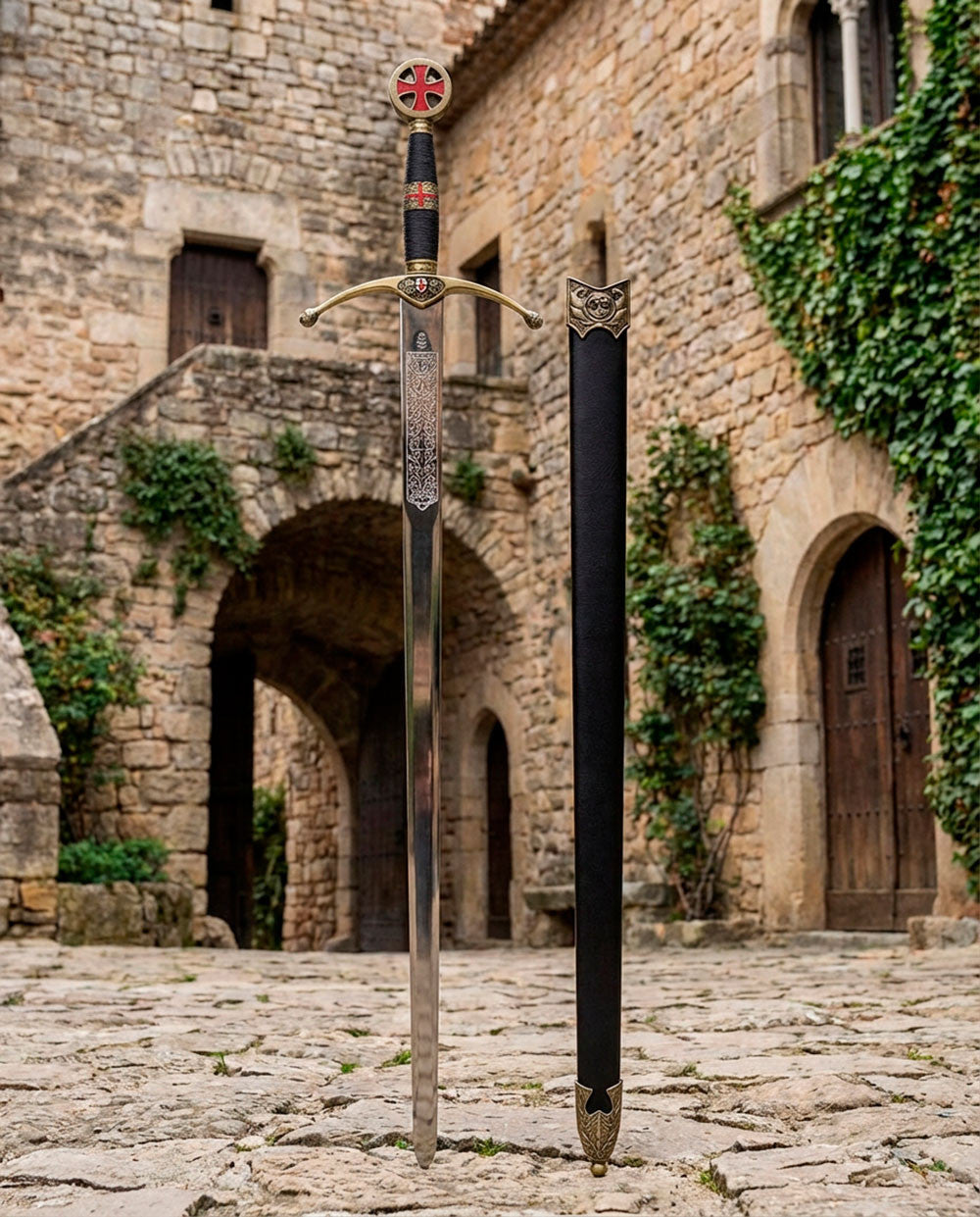 Espada decorativa de los Cruzados con grabados_IA