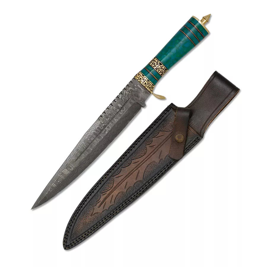 Cuchillo deportivo acero de Damasco con punta rompe-vidrios y funda