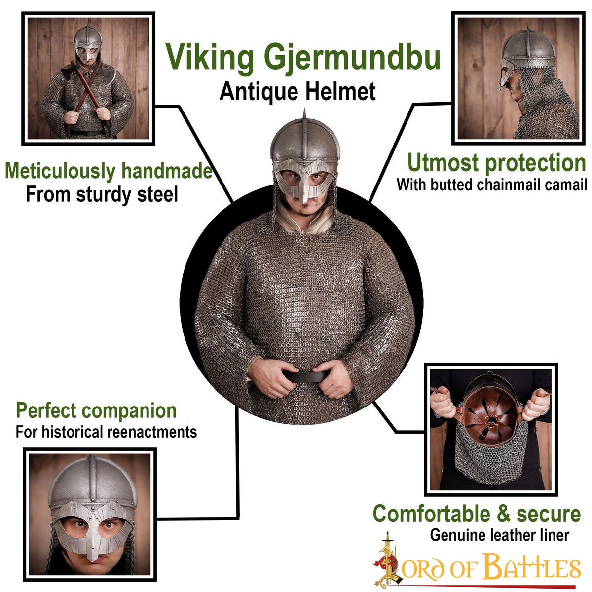 Casco vikingo de acero con forro de cuero, modelo Gjermundbu